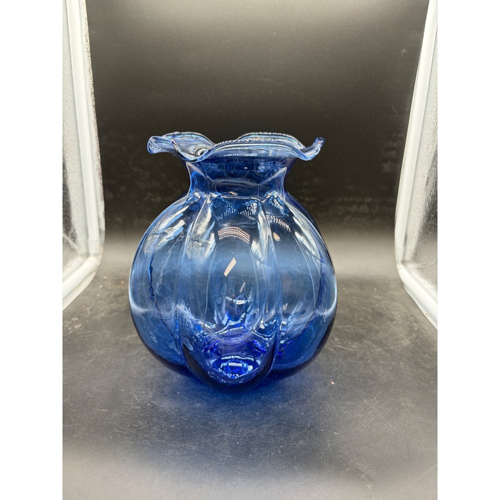 Cobalt Blue Hand Blown Glass Vase Lobed Pumpkin Shape Ruffled Rim 6 Inch